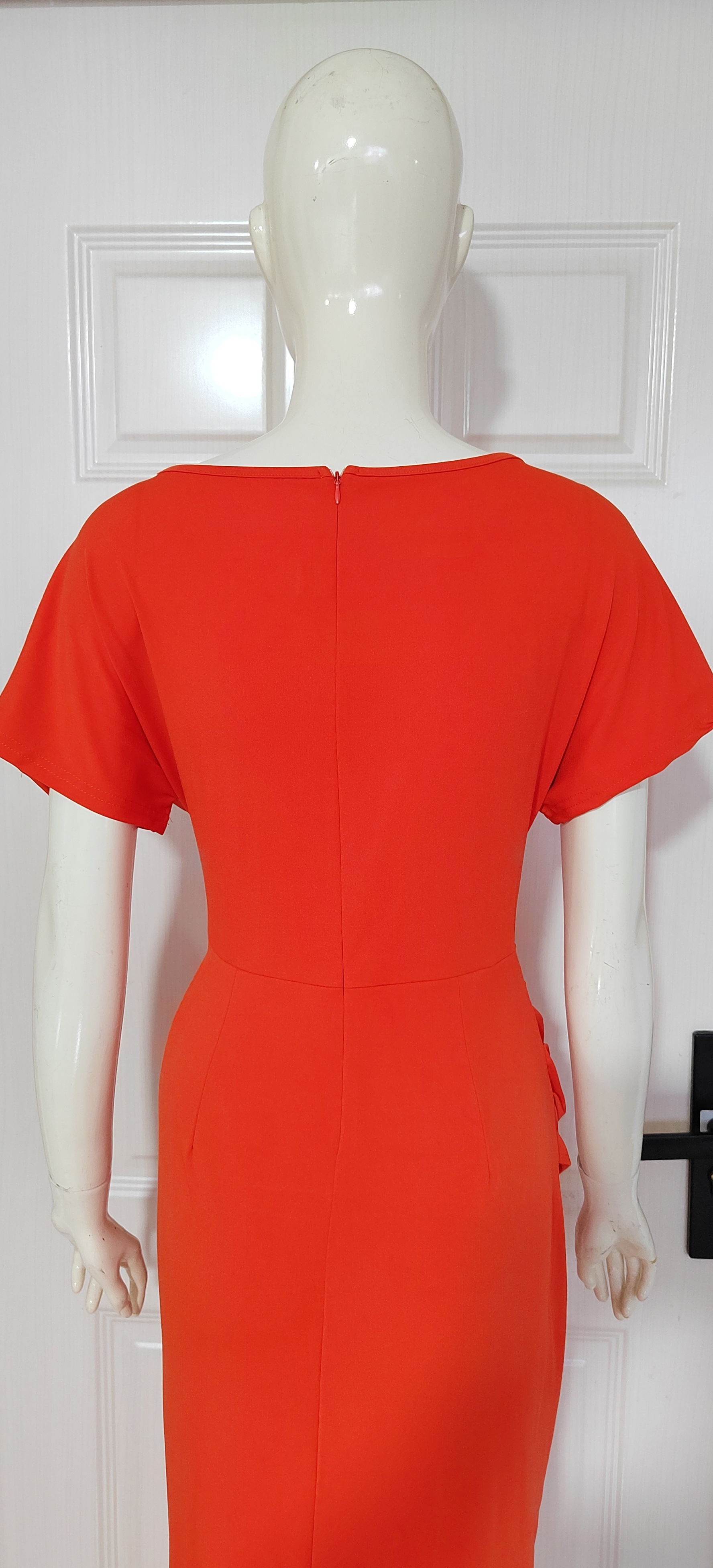 Split V-neck bodycon dress back view – slim fit short sleeve slit dress women's fashion