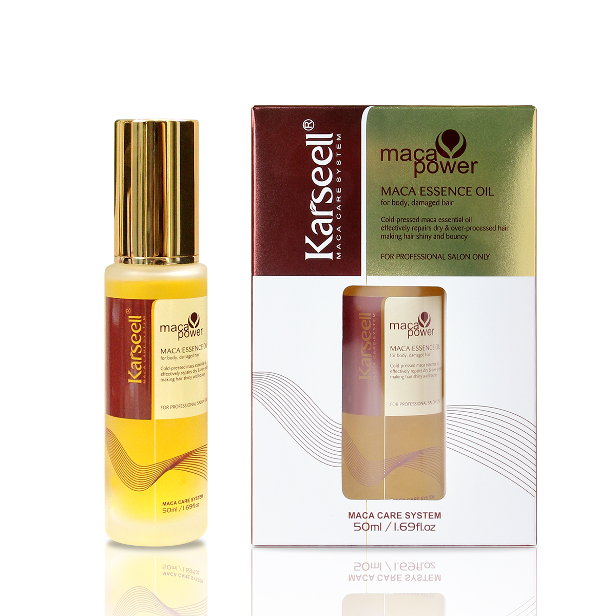 Karseell Argan Oil Hair Repair Serum. Maca essence oil is a hair revitalizing reconstructor for dry & damaged hair. With a combination of macadamia oil and argan oil along with tea tree oil, chamomile oil, aloe and algae extracts to rejuvenate and rebouil