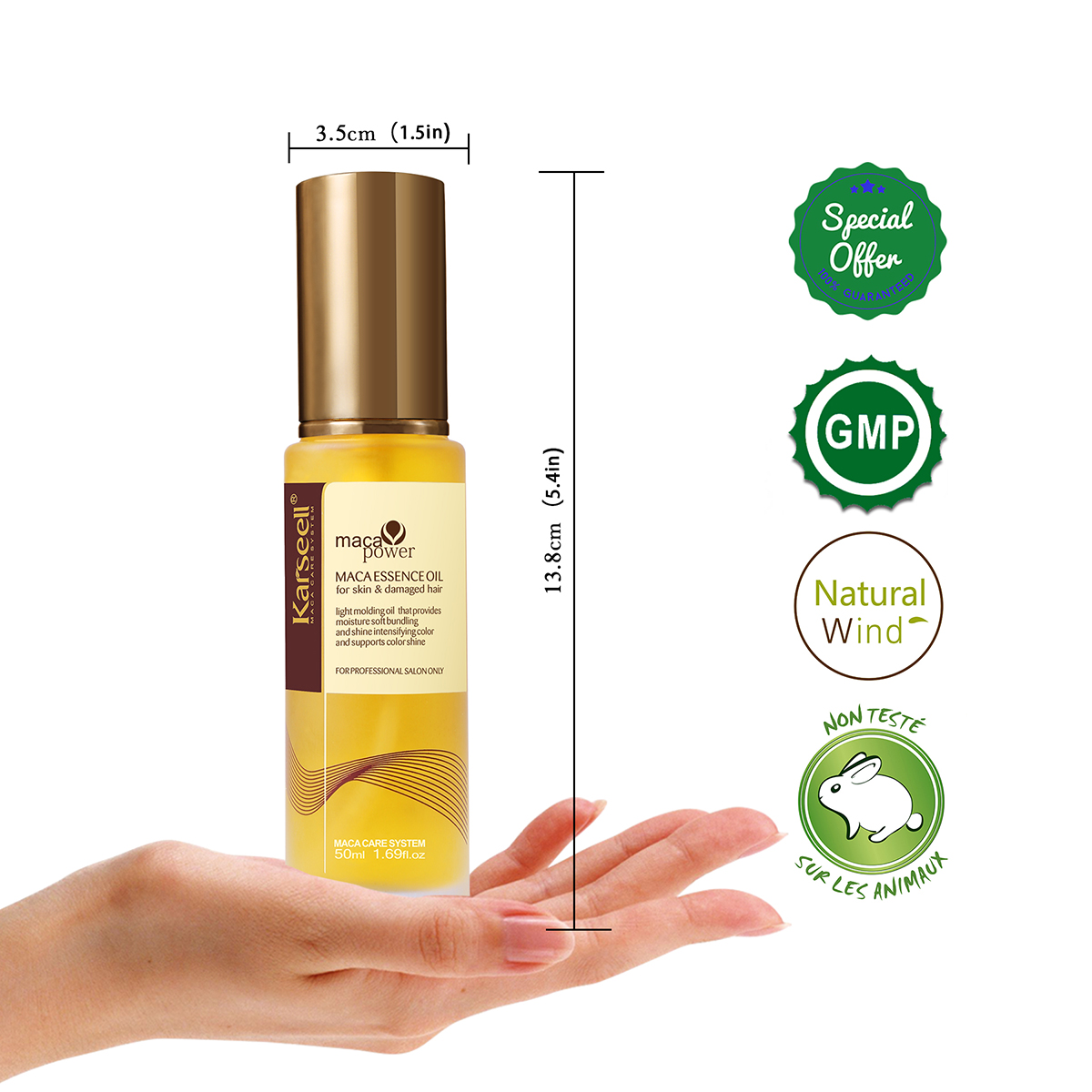 Karseell Argan Oil Hair Repair Serum. Maca essence oil is a hair revitalizing reconstructor for dry & damaged hair. With a combination of macadamia oil and argan oil along with tea tree oil, chamomile oil, aloe and algae extracts to rejuvenate and rebouil