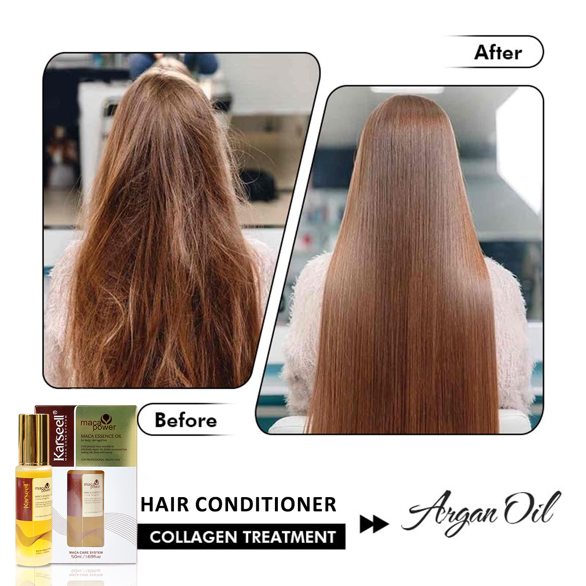 Karseell Argan Oil Hair Repair Serum. Maca essence oil is a hair revitalizing reconstructor for dry & damaged hair. With a combination of macadamia oil and argan oil along with tea tree oil, chamomile oil, aloe and algae extracts to rejuvenate and rebouil