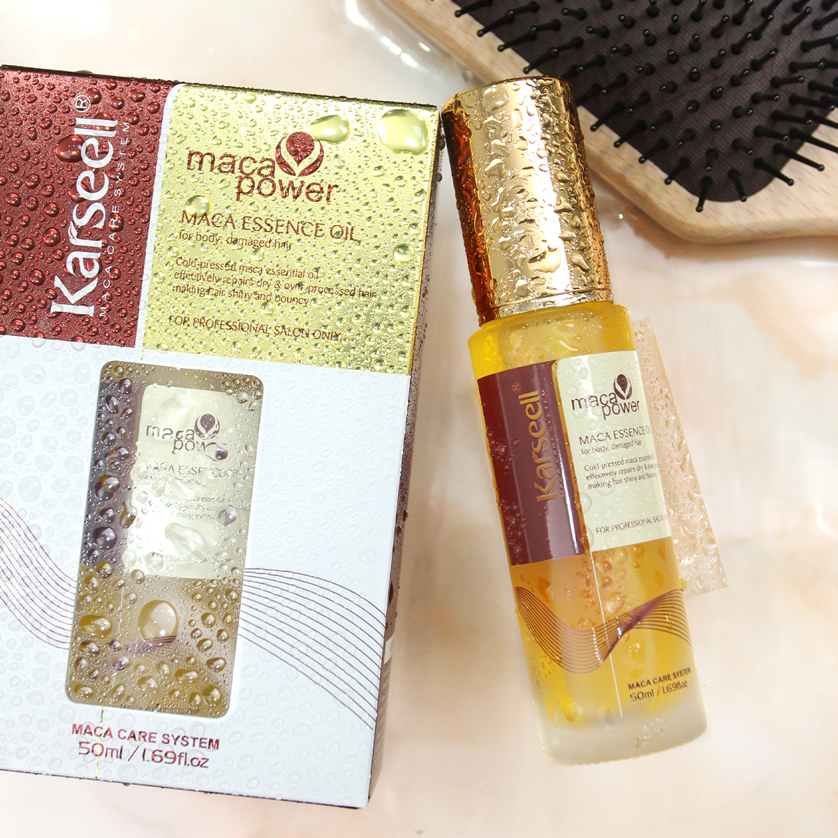 Karseell Argan Oil Hair Repair Serum. Maca essence oil is a hair revitalizing reconstructor for dry & damaged hair. With a combination of macadamia oil and argan oil along with tea tree oil, chamomile oil, aloe and algae extracts to rejuvenate and rebouil