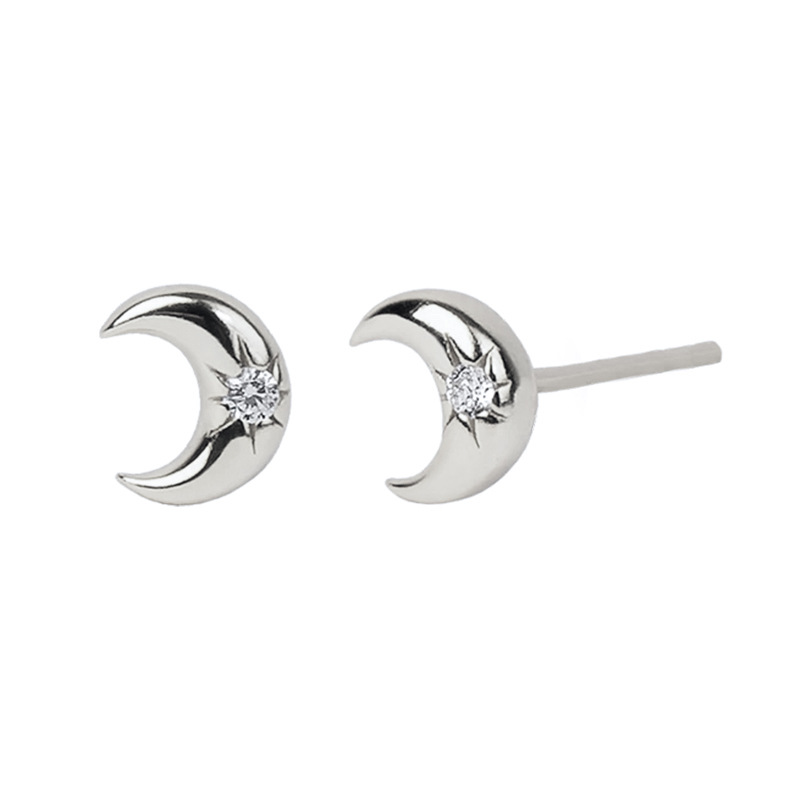 Title 2, Silver Needle Inlaid Zircon Crescent Ear Studs