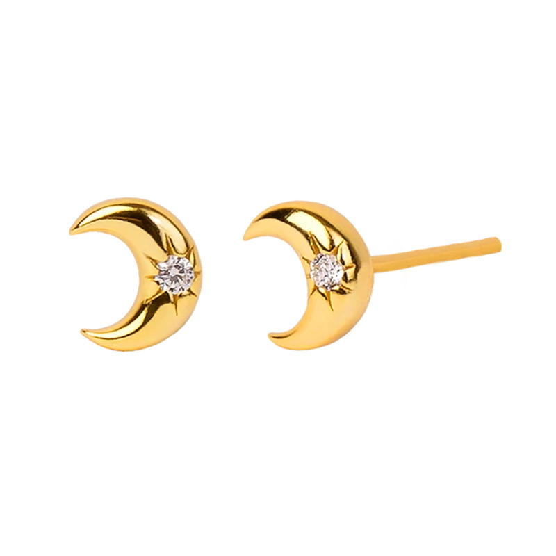 Title 3, Silver Needle Inlaid Zircon Crescent Ear Studs