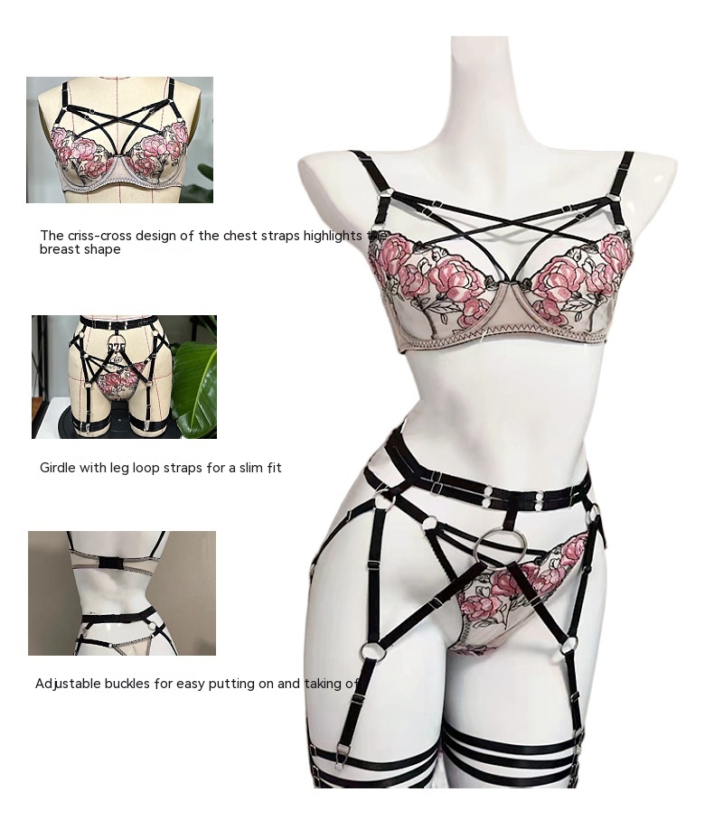 Title 1, Steel Ring Gathered Rose Lace Buckle Bra Set