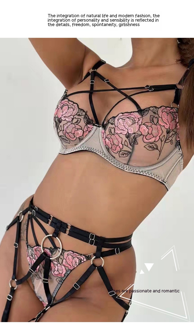 Title 2, Steel Ring Gathered Rose Lace Buckle Bra Set