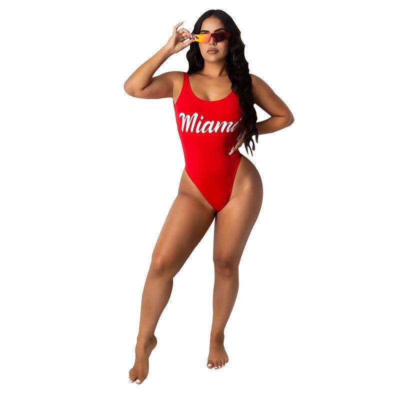 Title 4, Solid Color Letter Printing Open Back Swimsuit