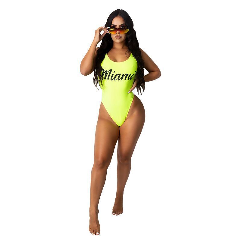 Title 8, Solid Color Letter Printing Open Back Swimsuit