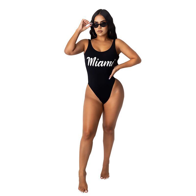 Title 9, Solid Color Letter Printing Open Back Swimsuit