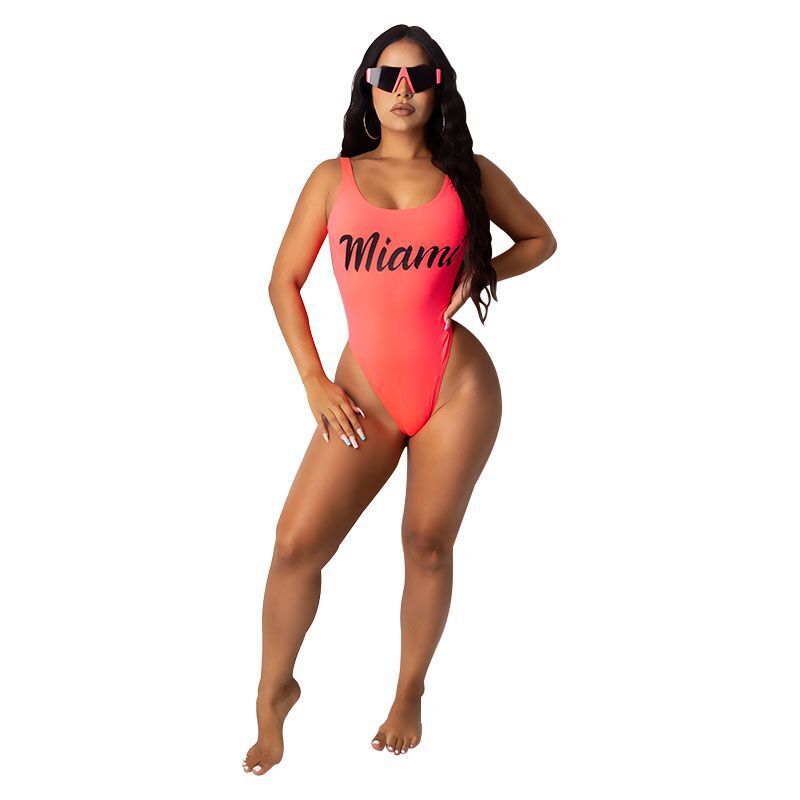 Title 13, Solid Color Letter Printing Open Back Swimsuit