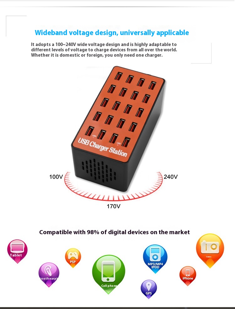 Title 8, 10-Port 20-Port Mobile Phone Flat Porous USB So...