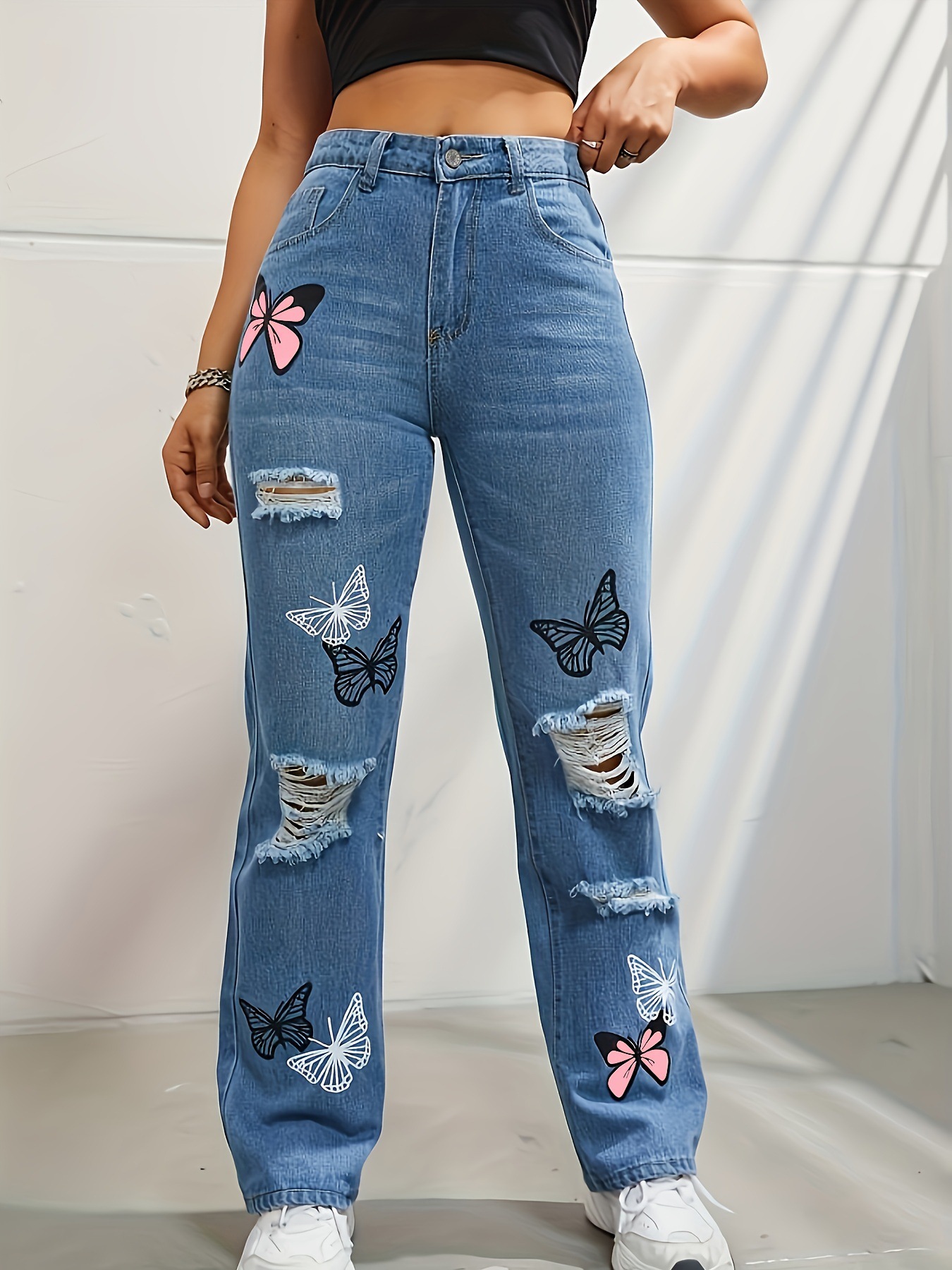 Title 4, Womens High Waisted Straight Leg Jeans with Tr...