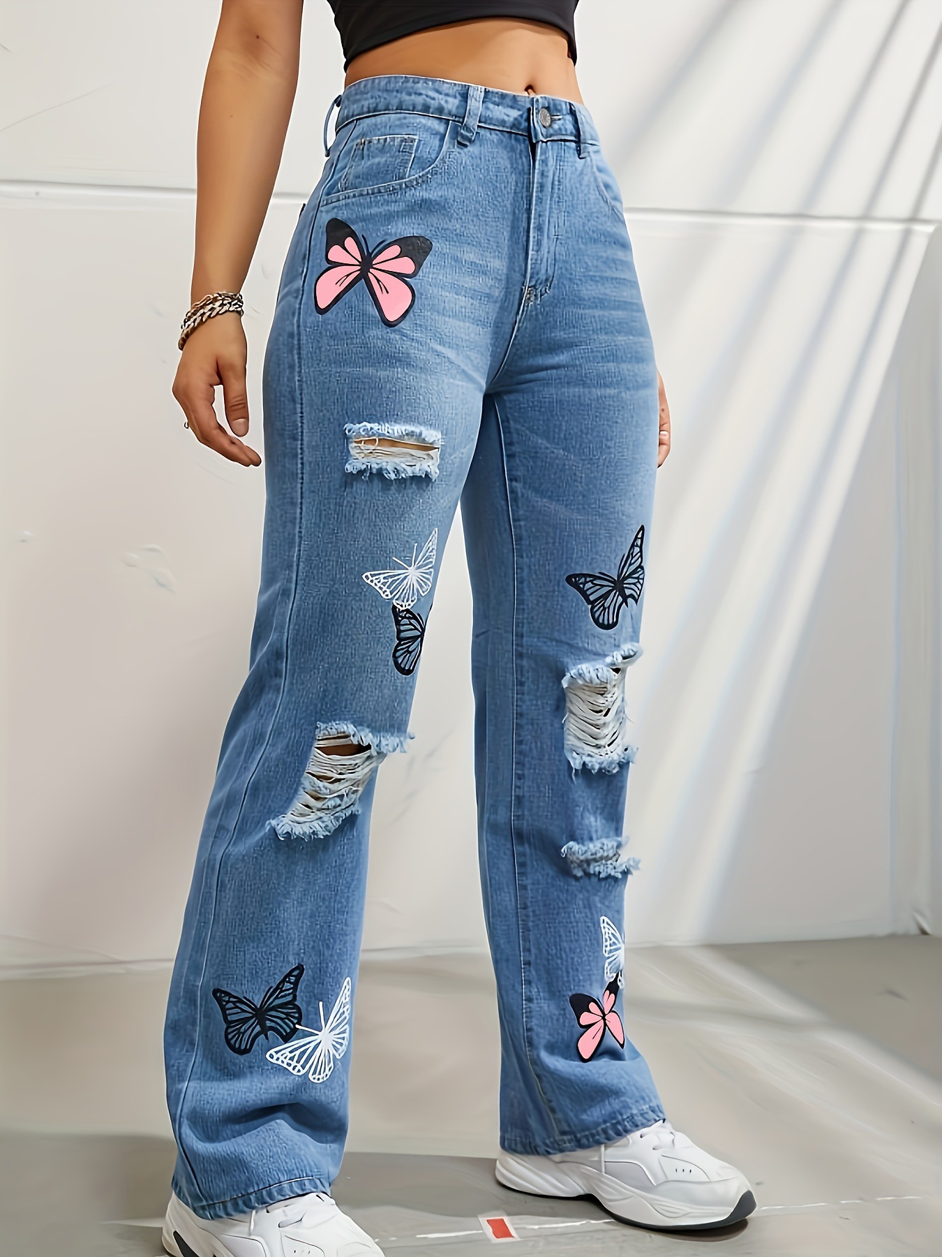 Title 5, Womens High Waisted Straight Leg Jeans with Tr...