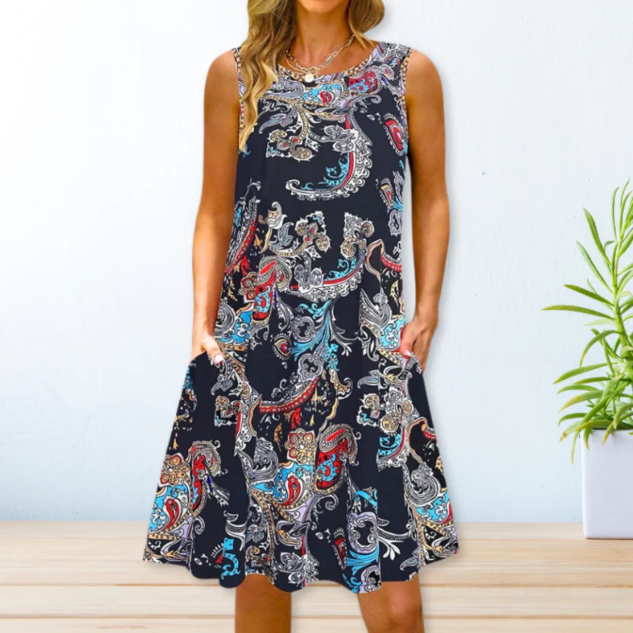 Title 3, Printed Swing Loose Waist Strap Type Long Dress