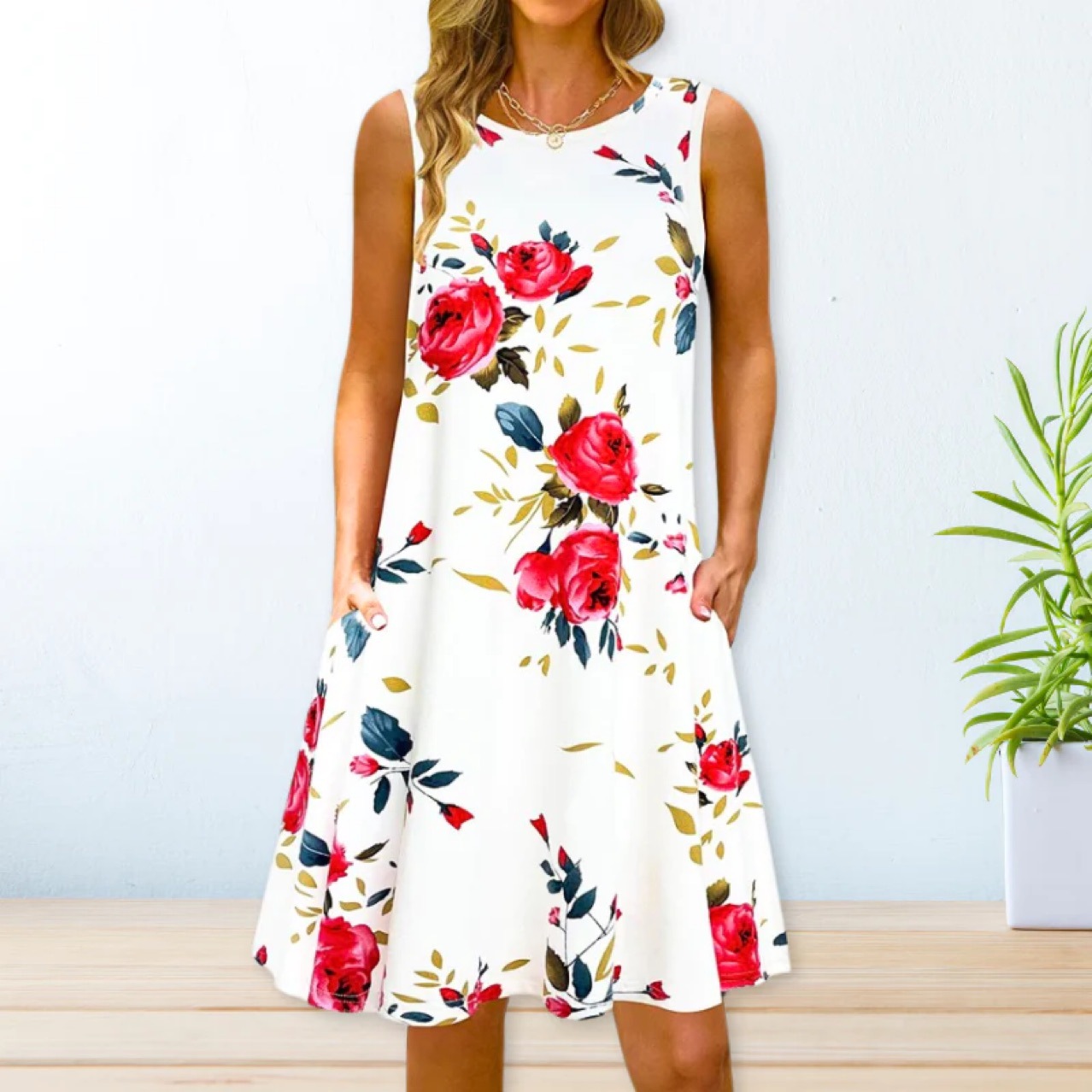 Title 8, Printed Swing Loose Waist Strap Type Long Dress