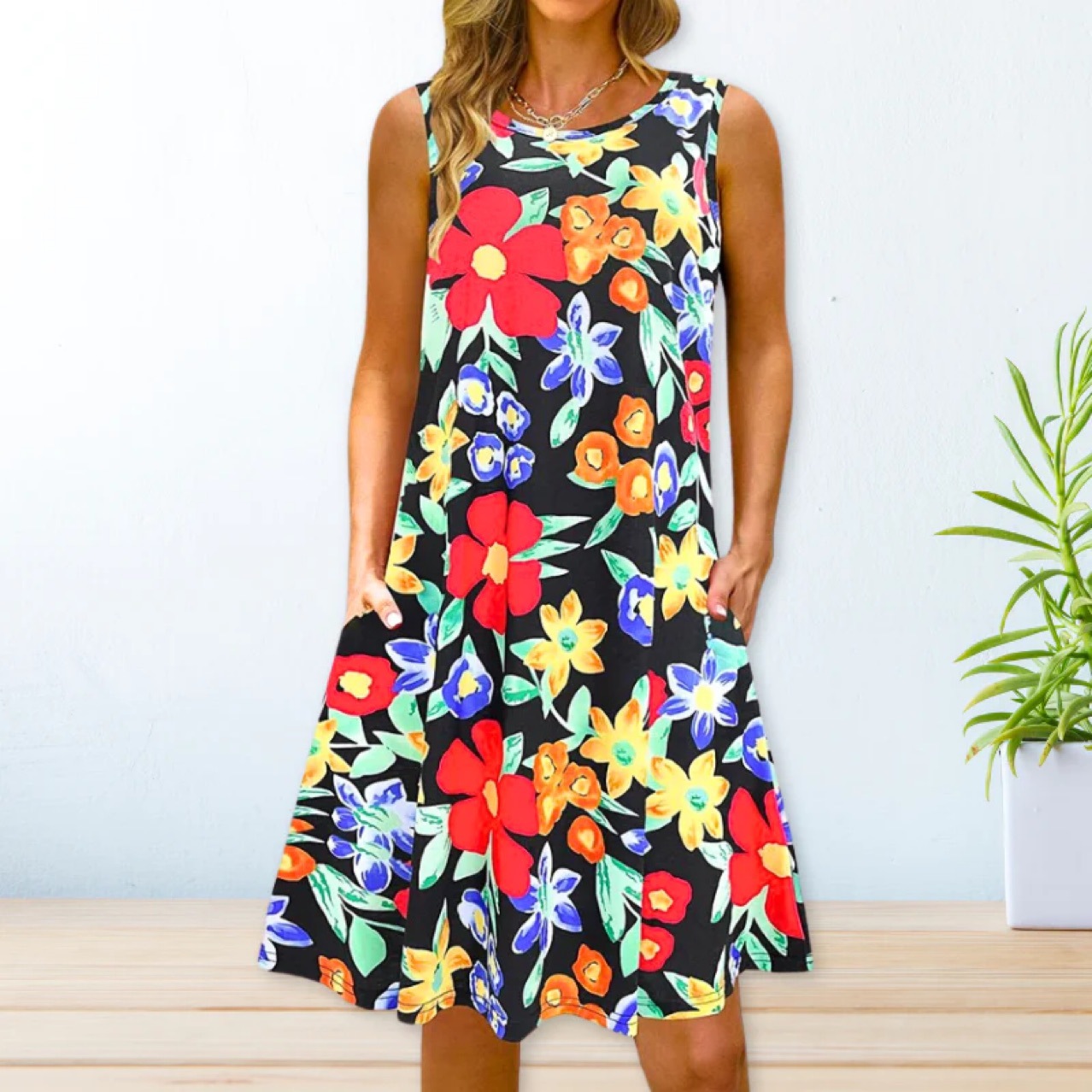 Title 9, Printed Swing Loose Waist Strap Type Long Dress