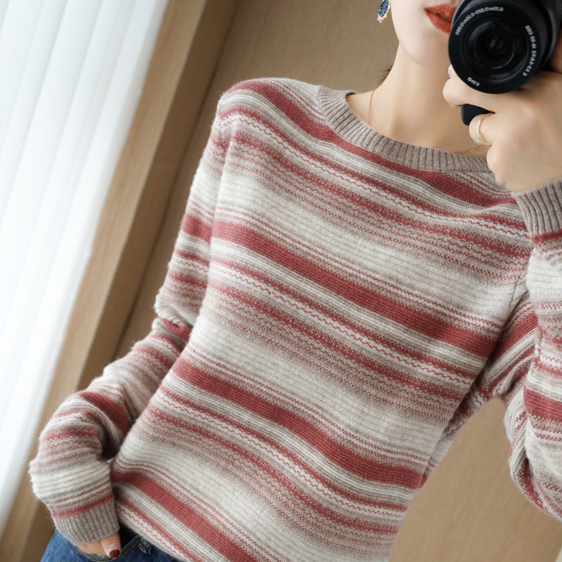 Title 2, Round Neck Striped Knit Sweater Color Block Sho...