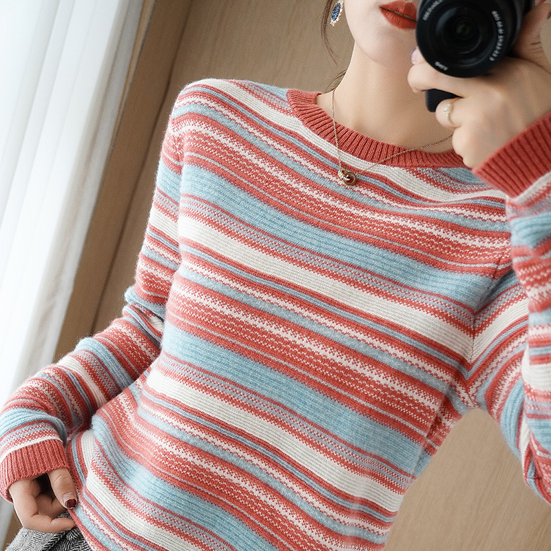 Title 3, Round Neck Striped Knit Sweater Color Block Sho...