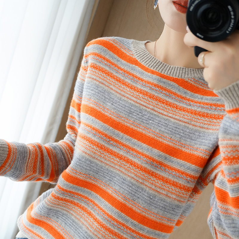 Title 4, Round Neck Striped Knit Sweater Color Block Sho...