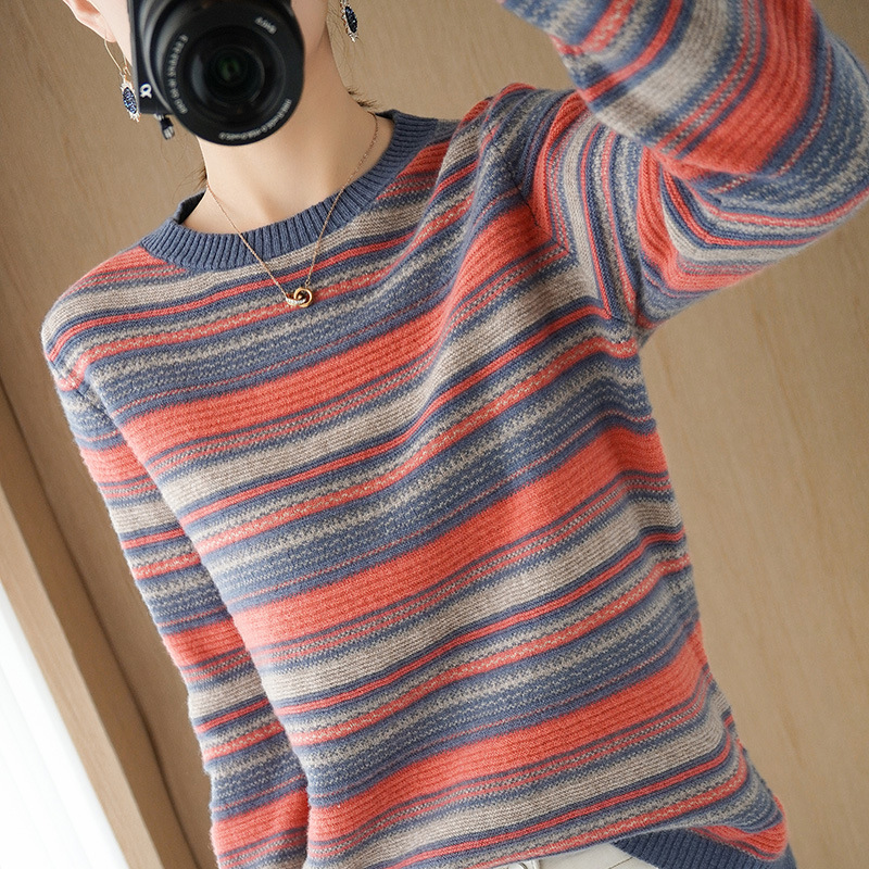 Title 5, Round Neck Striped Knit Sweater Color Block Sho...