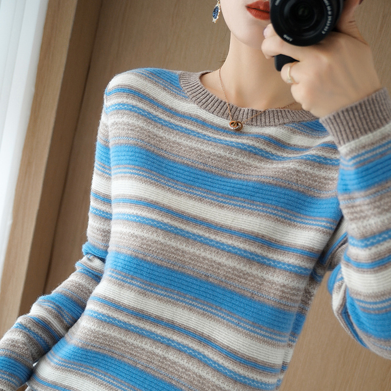 Title 6, Round Neck Striped Knit Sweater Color Block Sho...