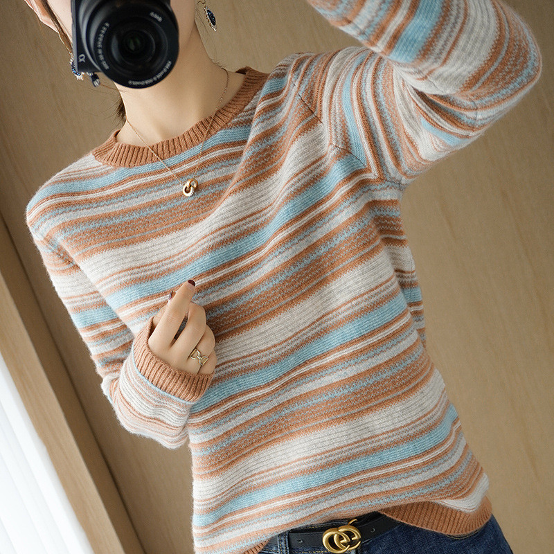 Title 7, Round Neck Striped Knit Sweater Color Block Sho...