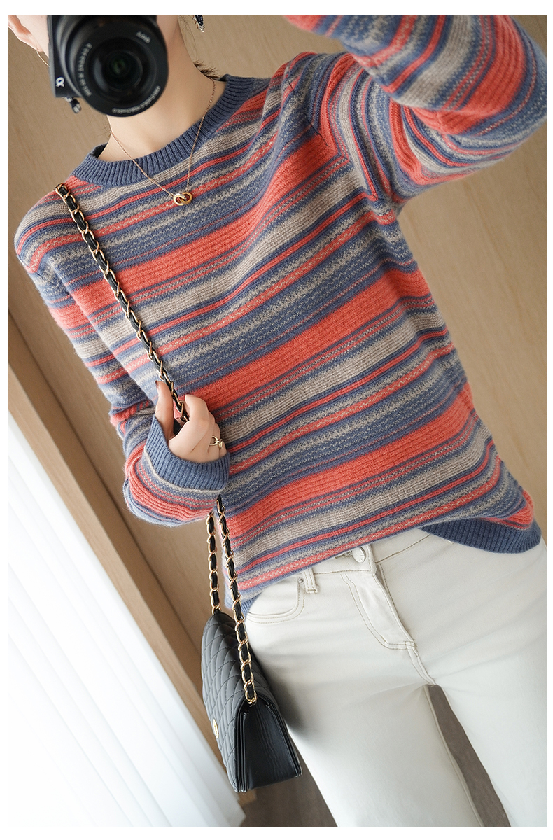 Title 9, Round Neck Striped Knit Sweater Color Block Sho...