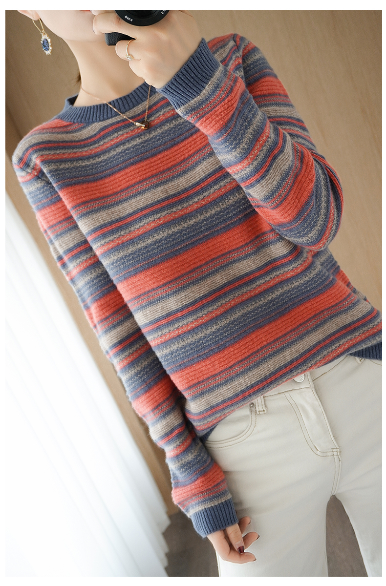 Title 11, Round Neck Striped Knit Sweater Color Block Sho...