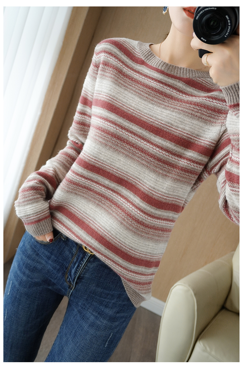 Title 12, Round Neck Striped Knit Sweater Color Block Sho...