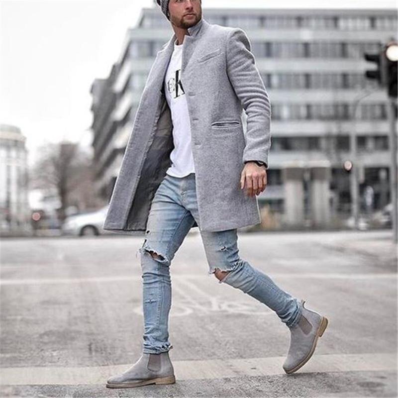 Fashion Casual Men's Herringbone Stand-up Collar Mid-length Woolen Trench Coat