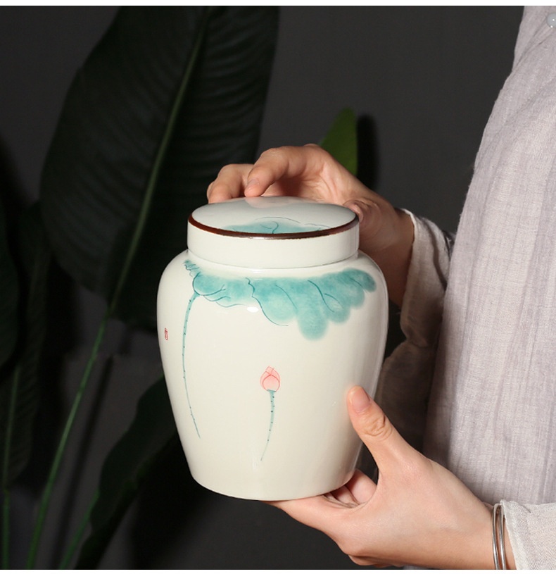 Title 6, Hand Painted Lotus Large Tea Jar Porcelain Seal...