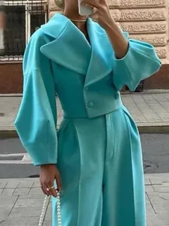 Solid Colour Lapel Short Jacket & High Waist Pants Suit - Jacket - View 1