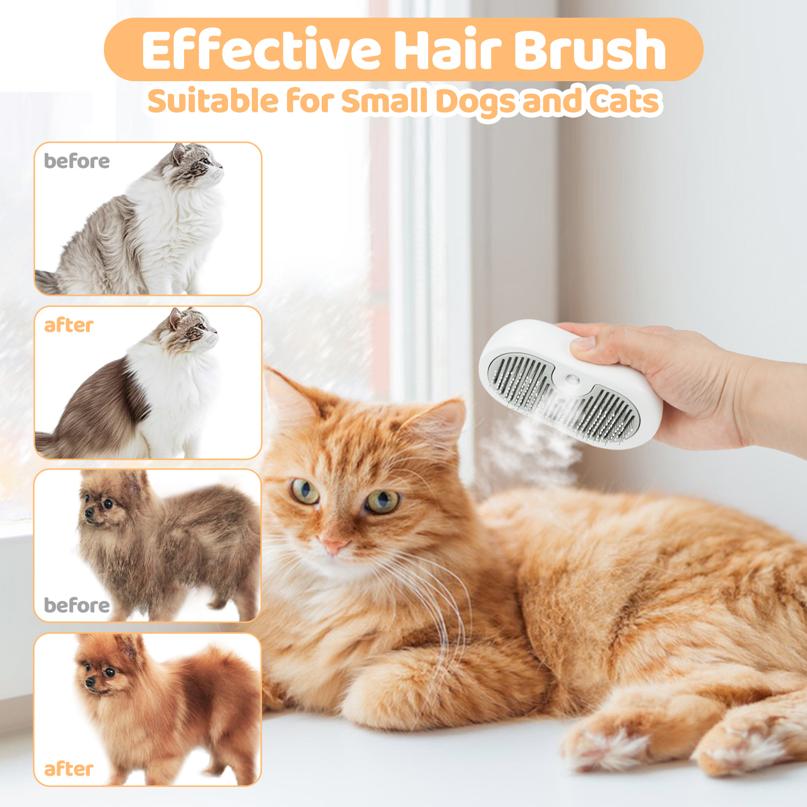 Cat Steam Brush For Grooming - Short & Long Haired, Self Cleaning Pet Shedding — image 6