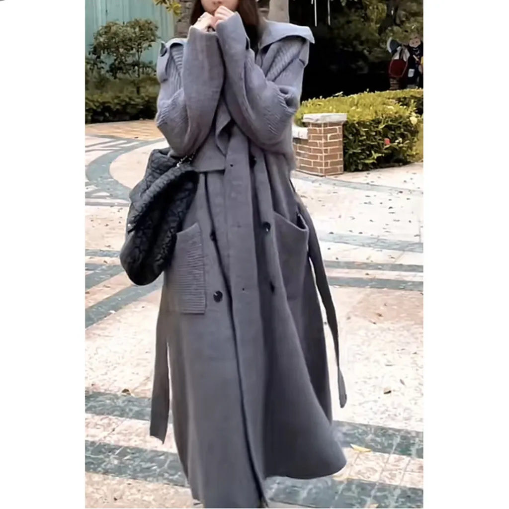 High-end Thickened Long Heavy-duty Windbreaker Sweater Jacket With Loose Design And Lazy Style Knitted Cardigan For Women In Autumn And Winter - Gray
