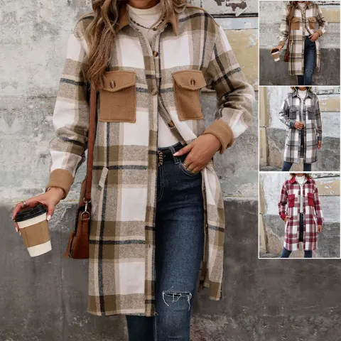 New Brushed Plaid Long Coat with Pockets Fashion Winter