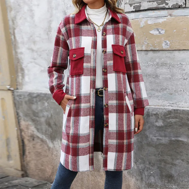 New Brushed Plaid Long Coat With Pockets Fashion Winter Jacket Outwear Women's Clothing Wine Red - Shop at LoveMi