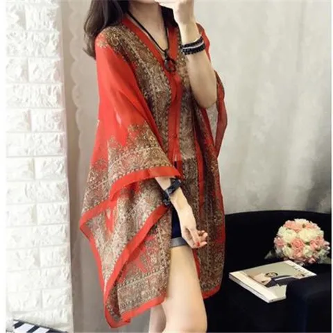 Fashionable Women's Multifunctional Printed Chiffon Shawl Red - Shop at LoveMi