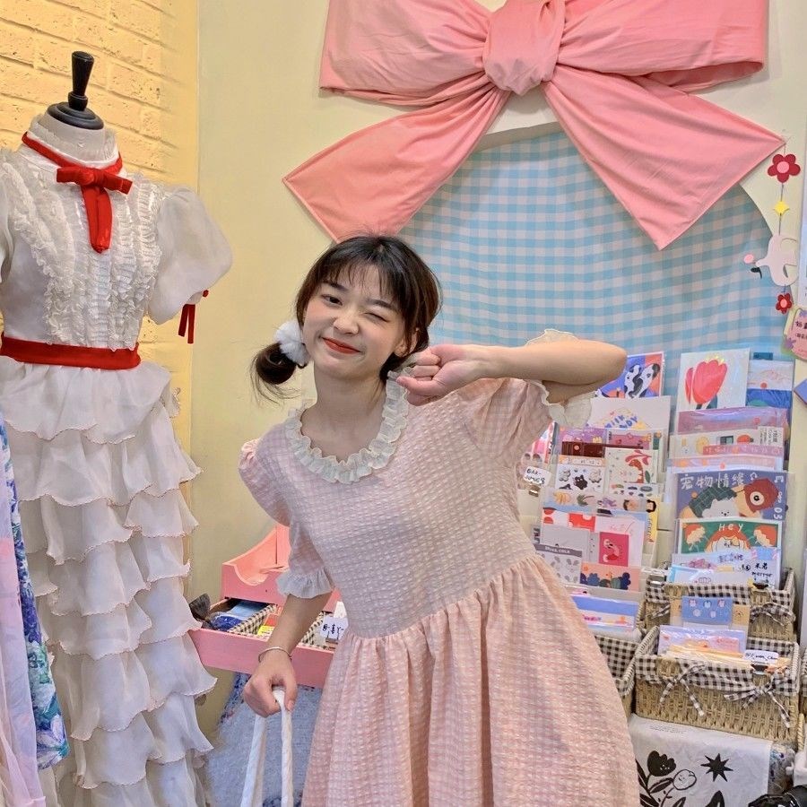Japanese College Style Sweeter Than First LovePlaid Lace Skirt Muscle Puff Sleeve Princess Dress Small Dress