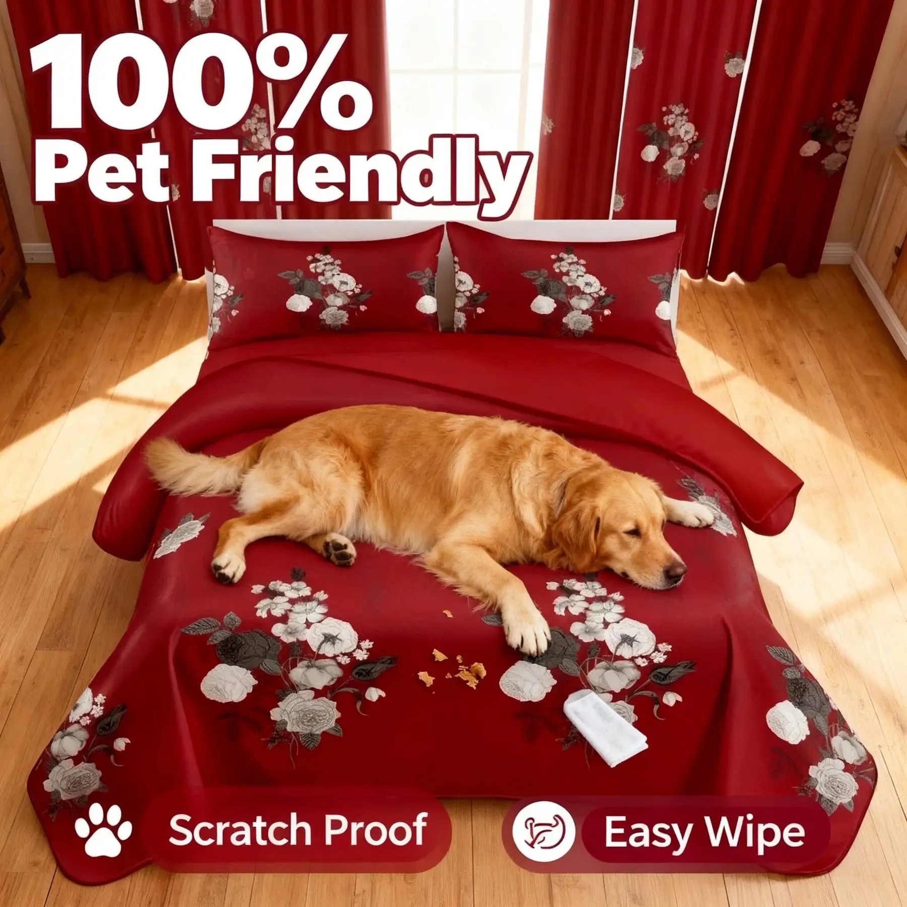 9-Piece Red Floral Quilt and Curtain Set