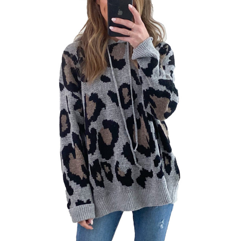 New Leopard Print Hooded Sweater Mid-length Casual Loose Pullover Top