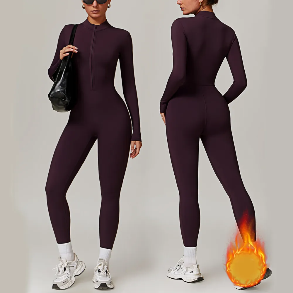 Warm Zipper Long-sleeved Jumpsuit Yoga Fitness Sports Pants Breathable