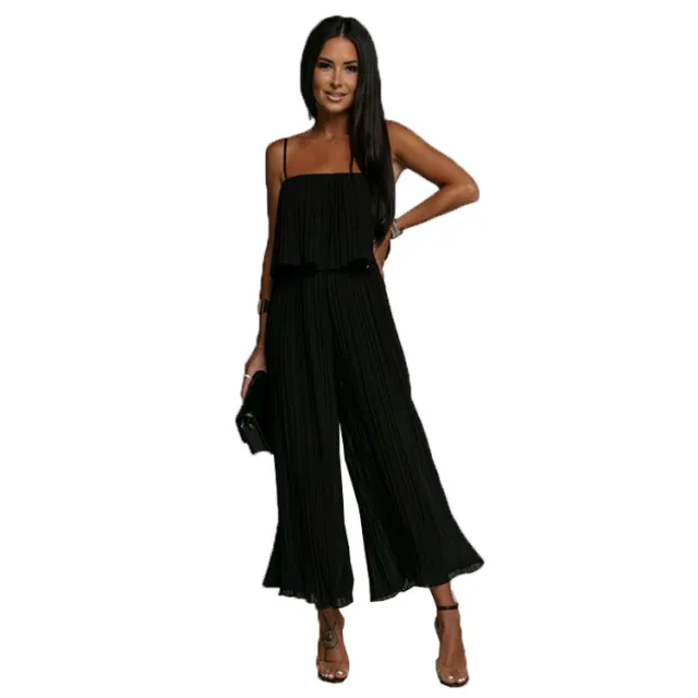 Strap Tube Top Pleated Loose Fashion Jumpsuit Black - Shop at LoveMi