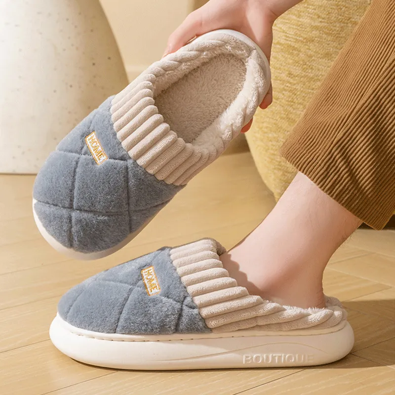 Men's Rhombic Sewing Plush Slippers Winter Warm Non-slip House