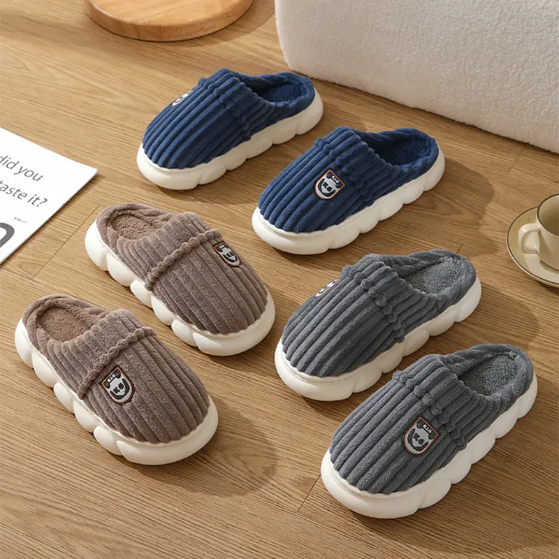 Winter Corduroy Slippers Home Bedroom Floor Plush Shoes Fashion Solid Color Non-slip Slippers For Women Men