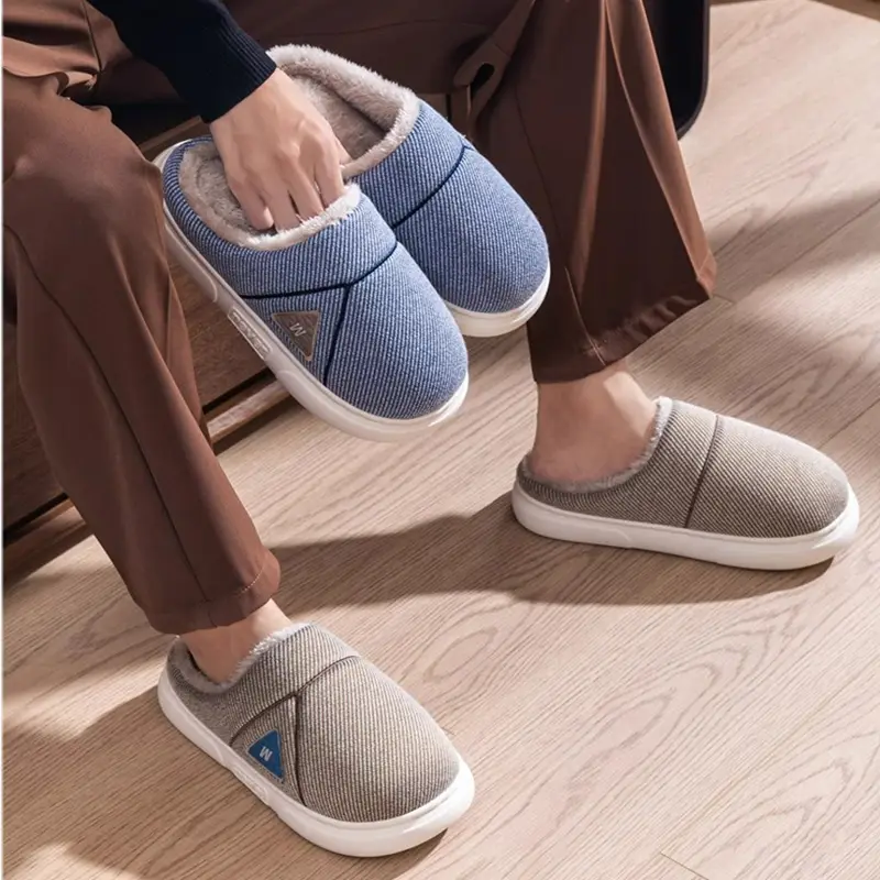 Solid Striped Home Slippers Winter Warm Fleece Shoes Men Indoor Bedroom Floor Plush Slippers For Women Couple