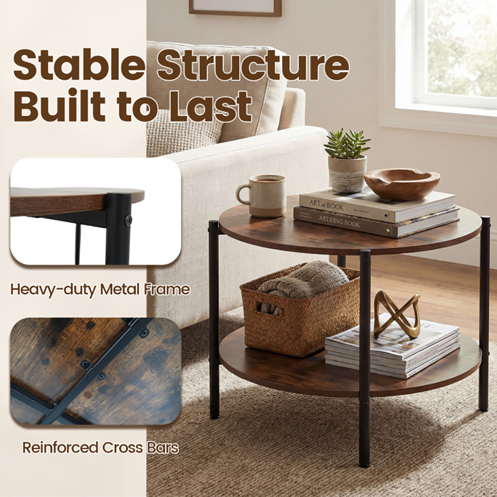 Round Coffee Table 2-Tier Industrial Accent Table With Open Storage Shelf With Adjustable Foot Pads For Apartments And Compact Spaces