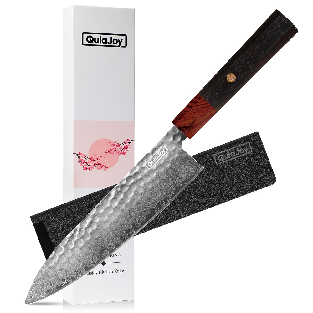 Qulajoy 8 Inch Chef Knife - Japanese Damascus VG-10 Super Steel Hammered Kitchen Knife - African Rosewood Octagonal Handle With Sheath — foto 38