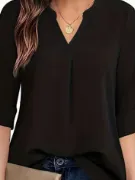 Colour Block Notched Neck Blouse, Elegant Sleeveless Asymmetrical Blouse For Spring & Summer, Women's Clothing - Black - View 1