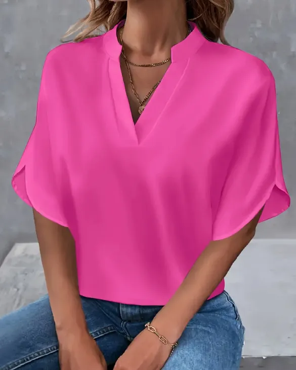 Lightweight Solid Colour Notch Neck Blouse - Stylish Short Split Sleeves For Spring & Summer - Trendy Womens Casual Top - Rosered