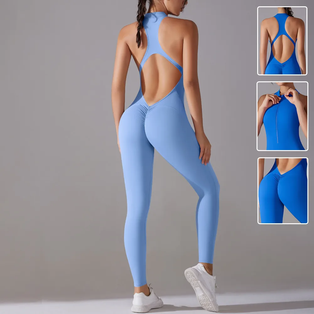 Solid Beauty-back Long Pants Jumpsuit Yoga Fitness Running Dance