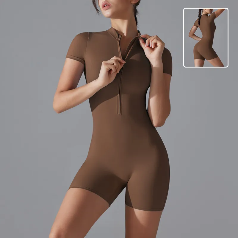Summer Zipper Short-sleeved Shorts Jumpsuit Yoga Fitness Dance Slim